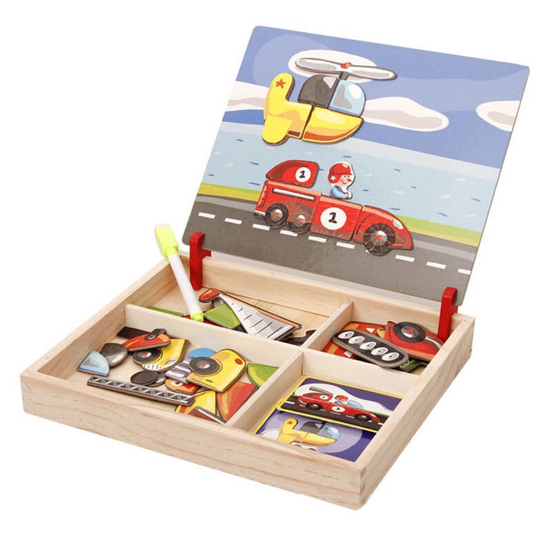 100+Pcs Wooden Magnetic Puzzle Toys Children 3D Puzzle Figure/Animals/ Vehicle /Circus Drawing Board Learning Wood Toys Gifts