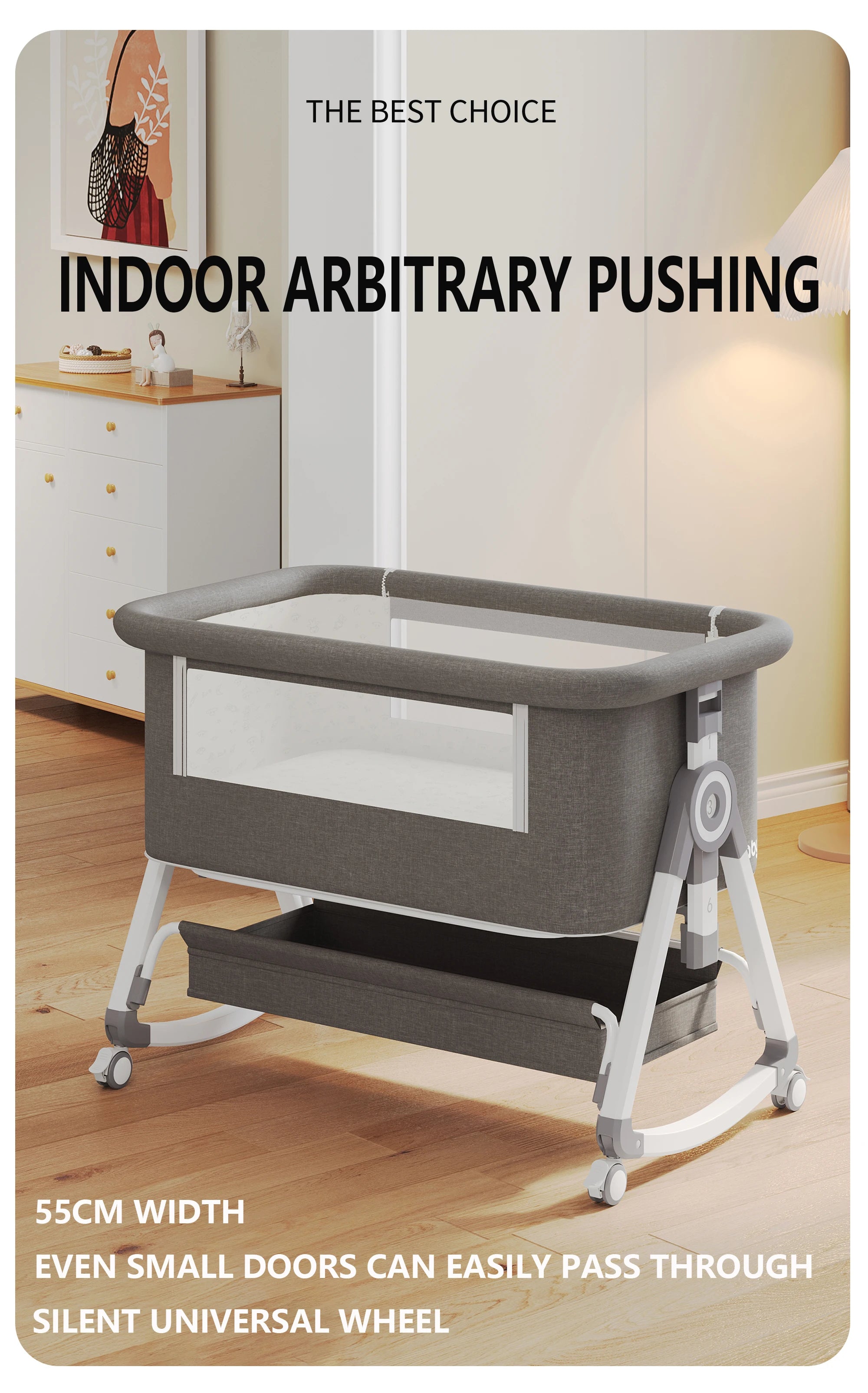 Portable Foldable Baby Crib 3-in-1 Adjustable Height with Rotatable Wheels Shaker Bassinet Mosquito Net Newborn Baby Bed