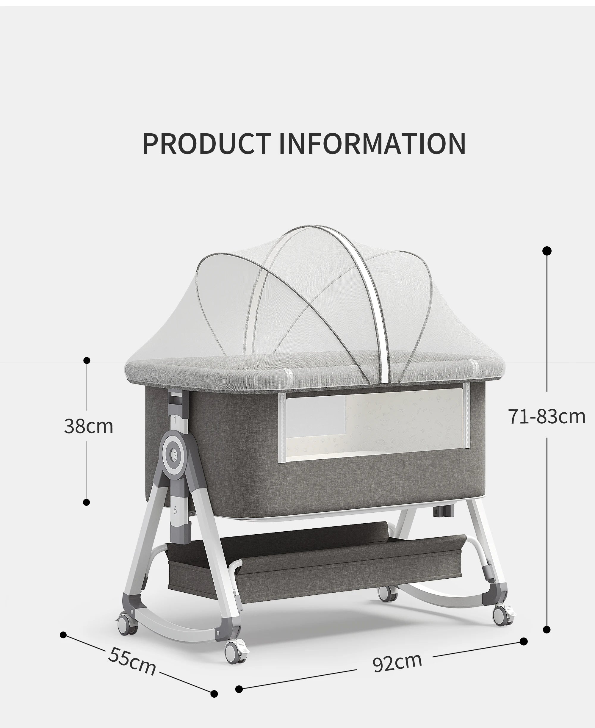 Portable Foldable Baby Crib 3-in-1 Adjustable Height with Rotatable Wheels Shaker Bassinet Mosquito Net Newborn Baby Bed