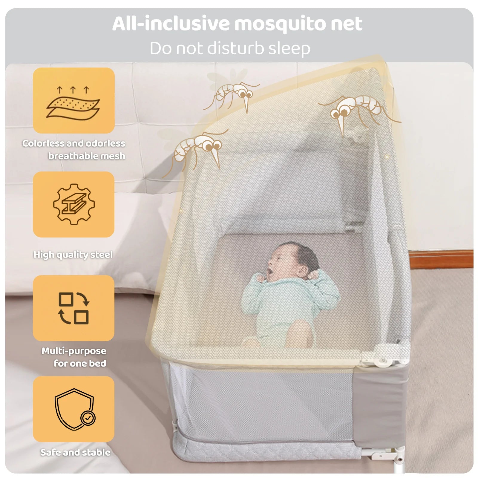 Bedside Sleeper, Mesh Bedside Bedside Crib, Convertible Cosleeping Baby Bed Attach to Bed to Reduce Mom's Fatigue