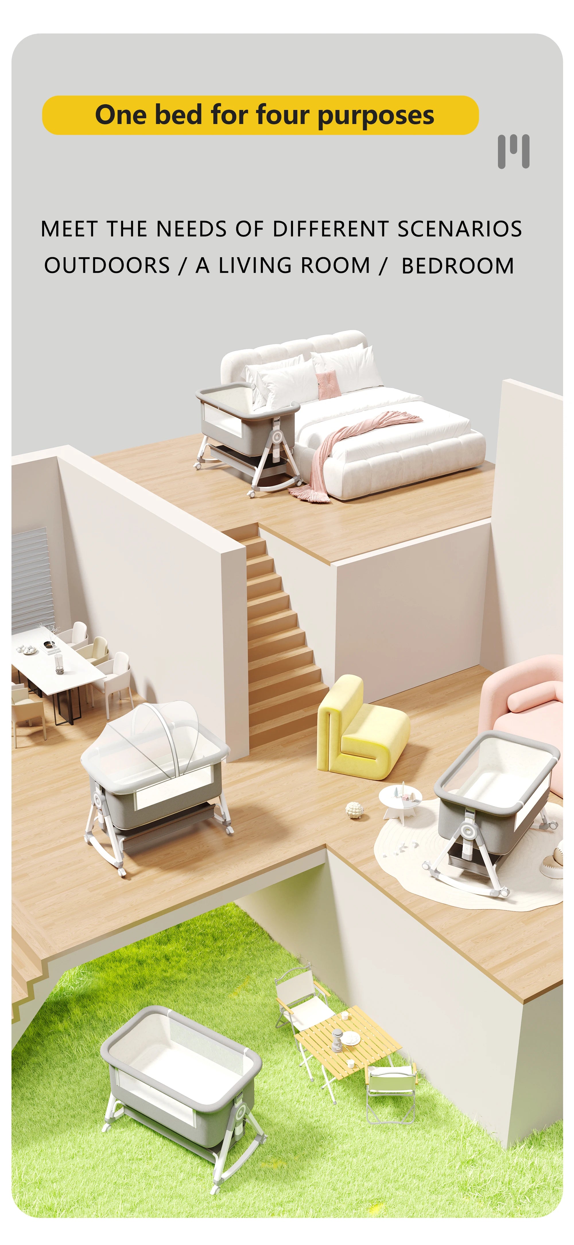 Portable Foldable Baby Crib 3-in-1 Adjustable Height with Rotatable Wheels Shaker Bassinet Mosquito Net Newborn Baby Bed