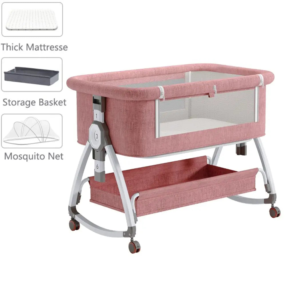 Portable Foldable Baby Crib 3-in-1 Adjustable Height with Rotatable Wheels Shaker Bassinet Mosquito Net Newborn Baby Bed