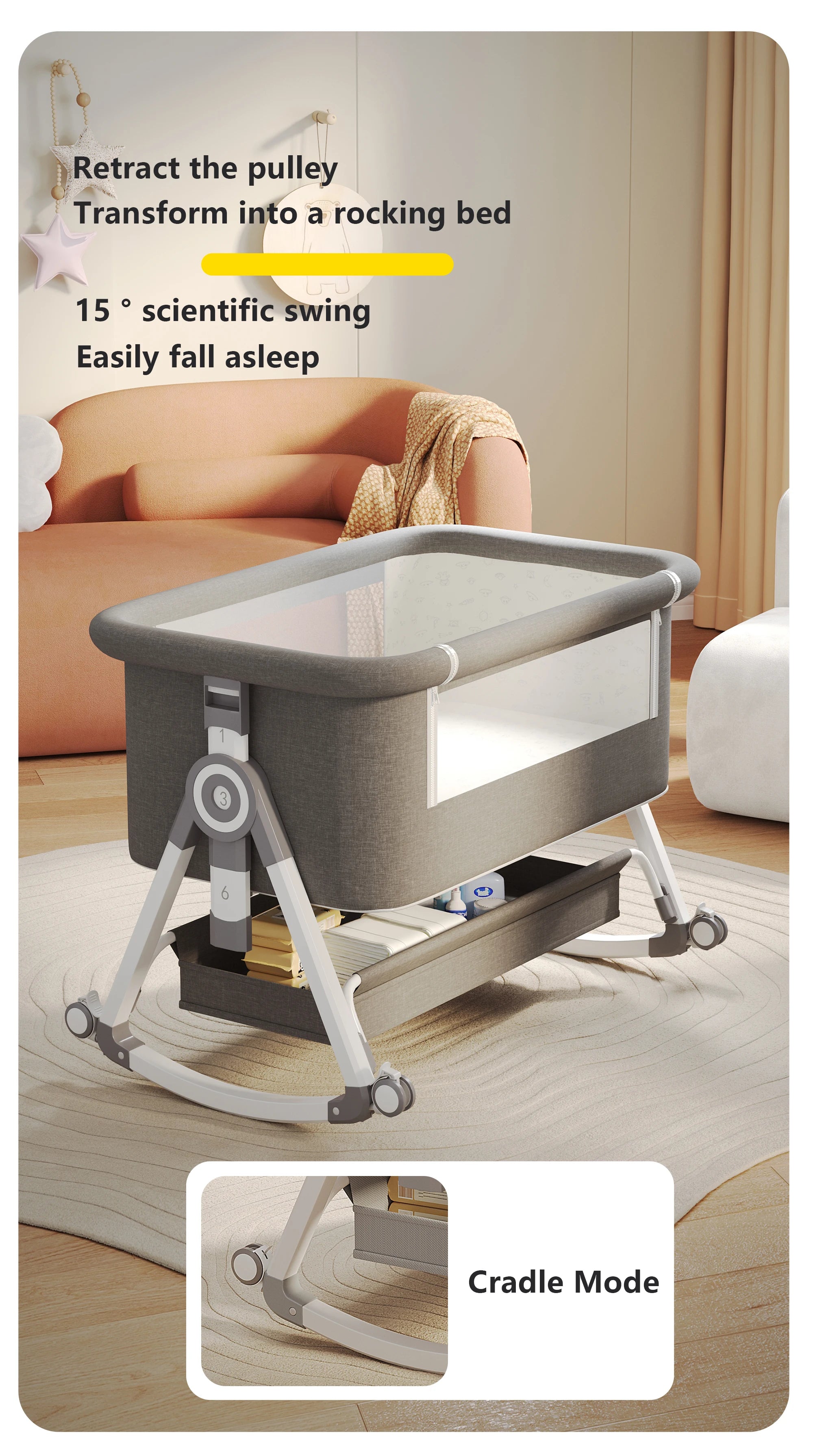 Portable Foldable Baby Crib 3-in-1 Adjustable Height with Rotatable Wheels Shaker Bassinet Mosquito Net Newborn Baby Bed