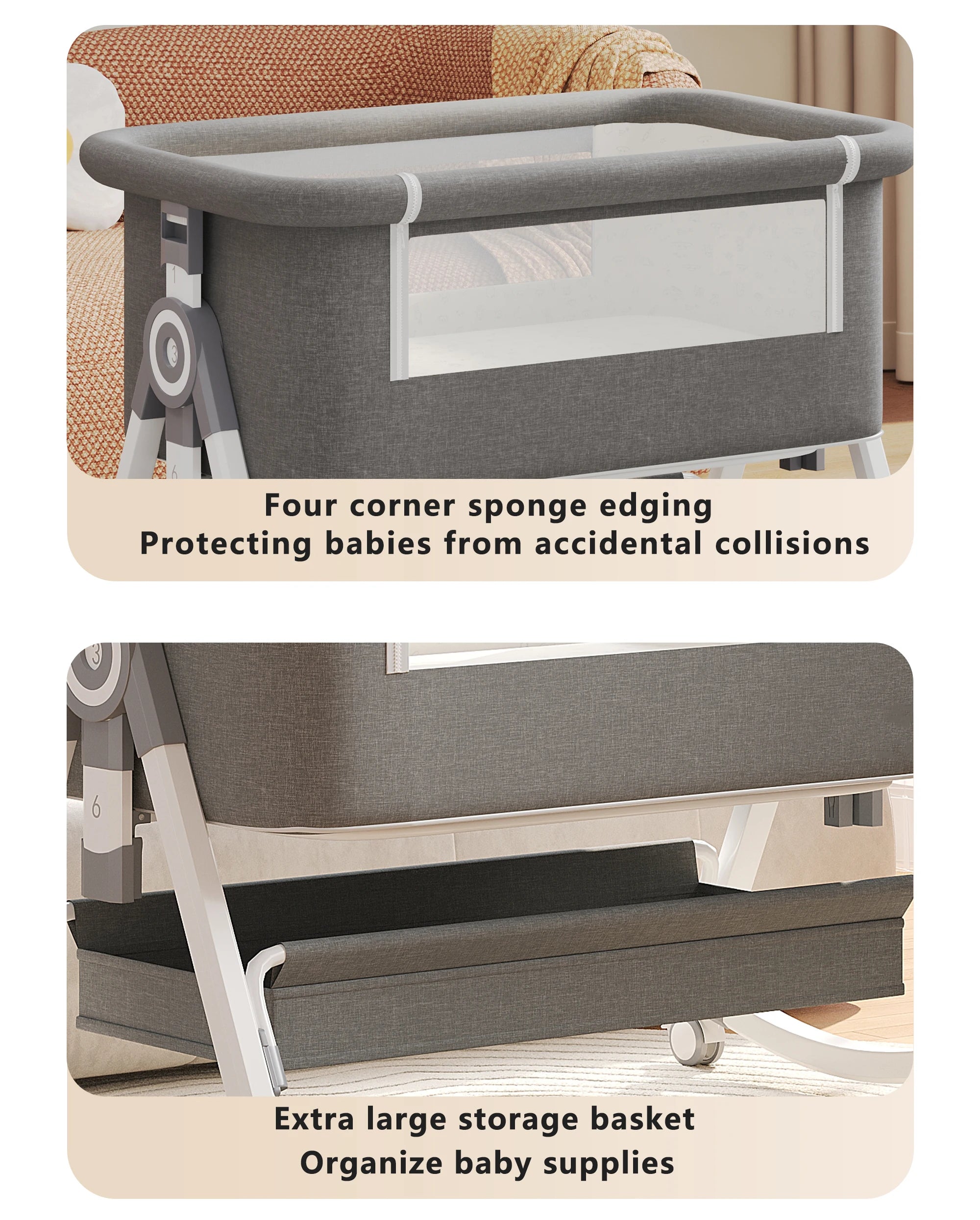 Portable Foldable Baby Crib 3-in-1 Adjustable Height with Rotatable Wheels Shaker Bassinet Mosquito Net Newborn Baby Bed