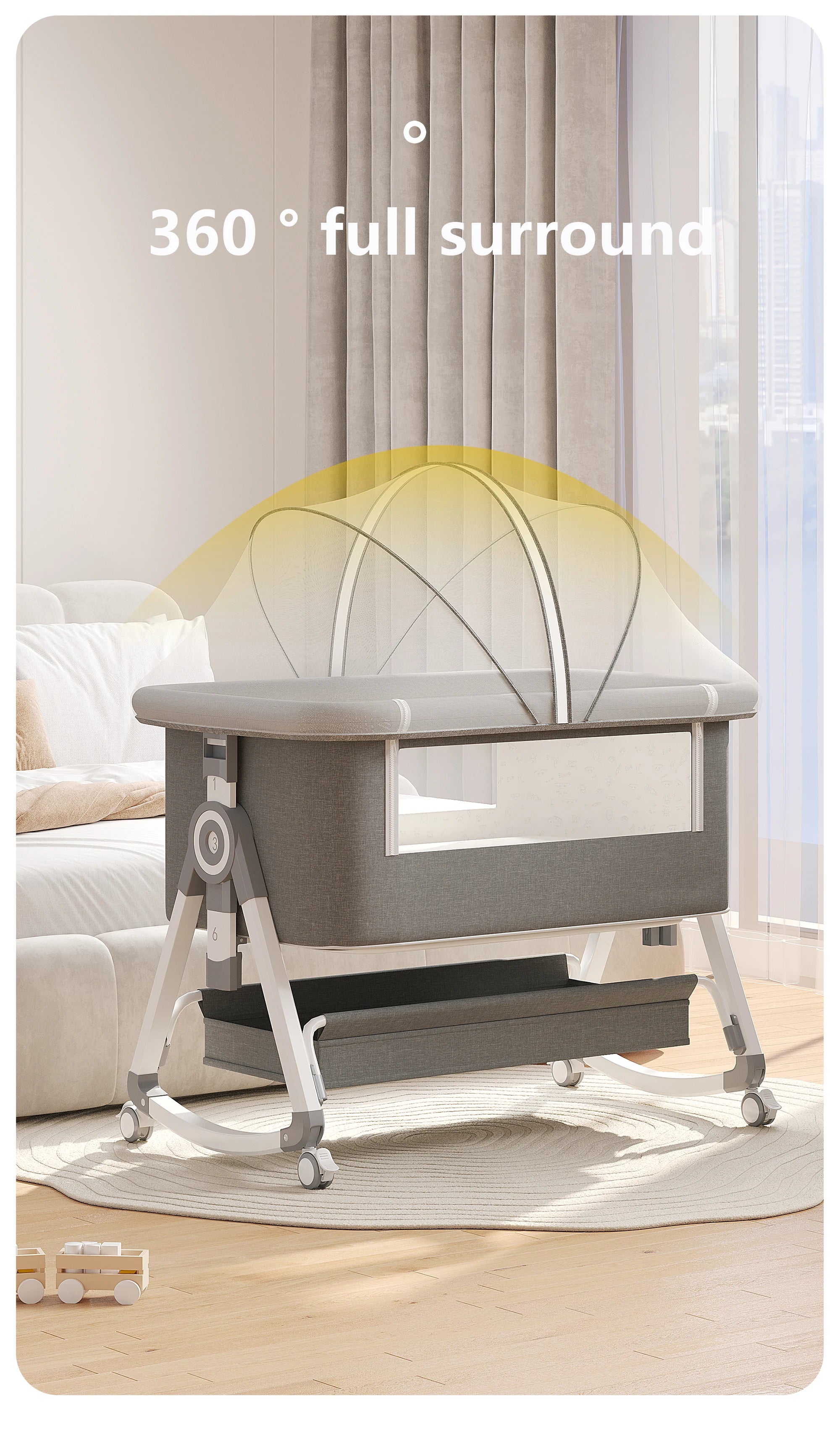 Portable Foldable Baby Crib 3-in-1 Adjustable Height with Rotatable Wheels Shaker Bassinet Mosquito Net Newborn Baby Bed