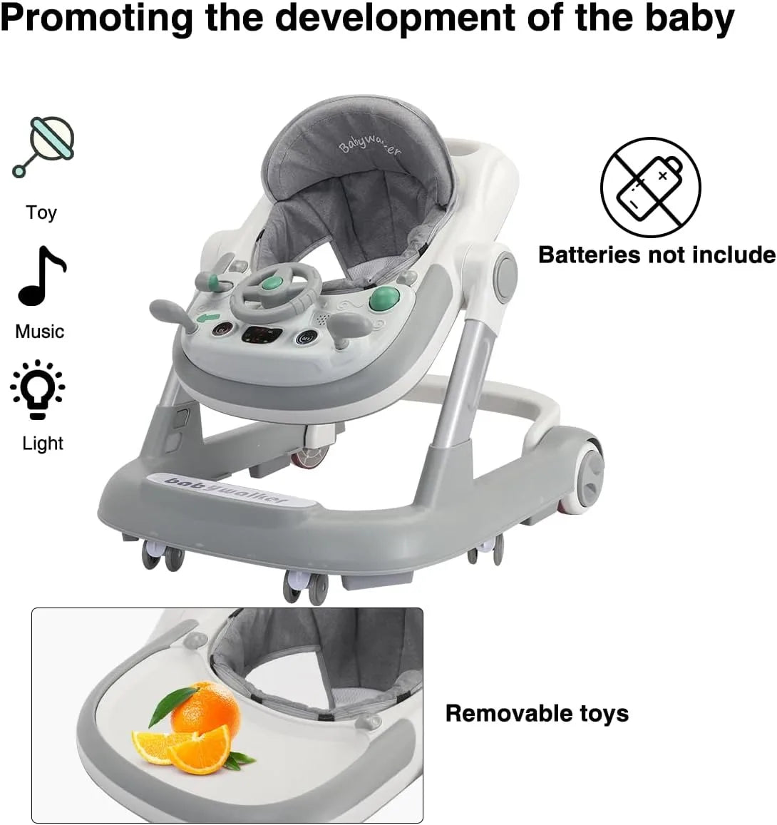 2 in 1 Baby Walker, Toddler Baby Push Walker with Removable Feeding Tray and Music Tray(Without Battery), Foldable Walker