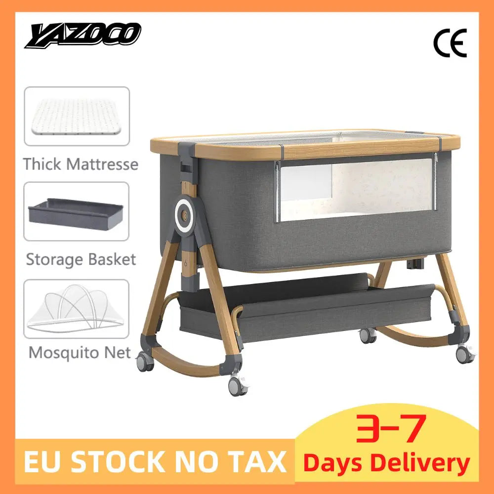 Portable Foldable Baby Crib 3-in-1 Adjustable Height with Rotatable Wheels Shaker Bassinet Mosquito Net Newborn Baby Bed