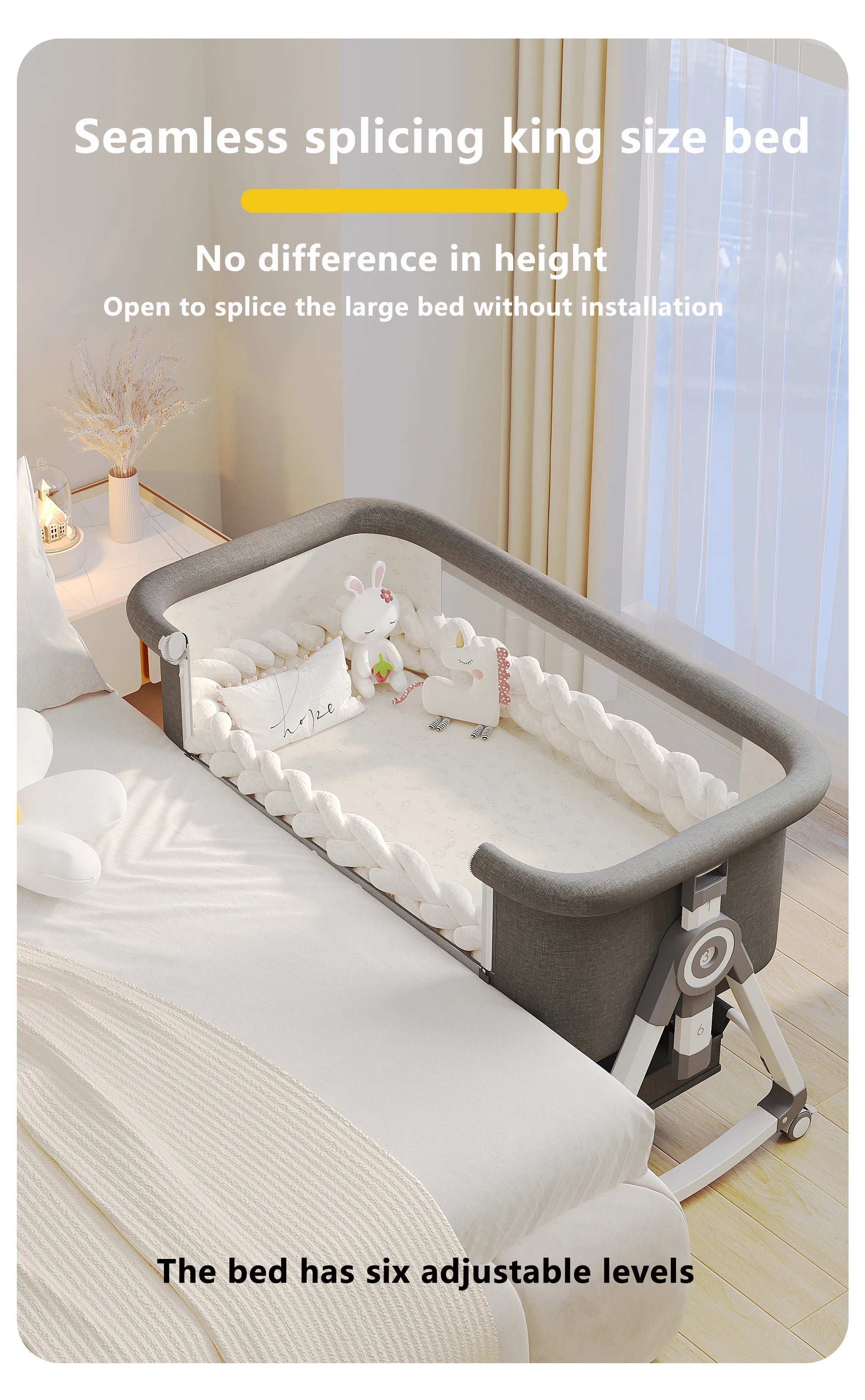 Portable Foldable Baby Crib 3-in-1 Adjustable Height with Rotatable Wheels Shaker Bassinet Mosquito Net Newborn Baby Bed