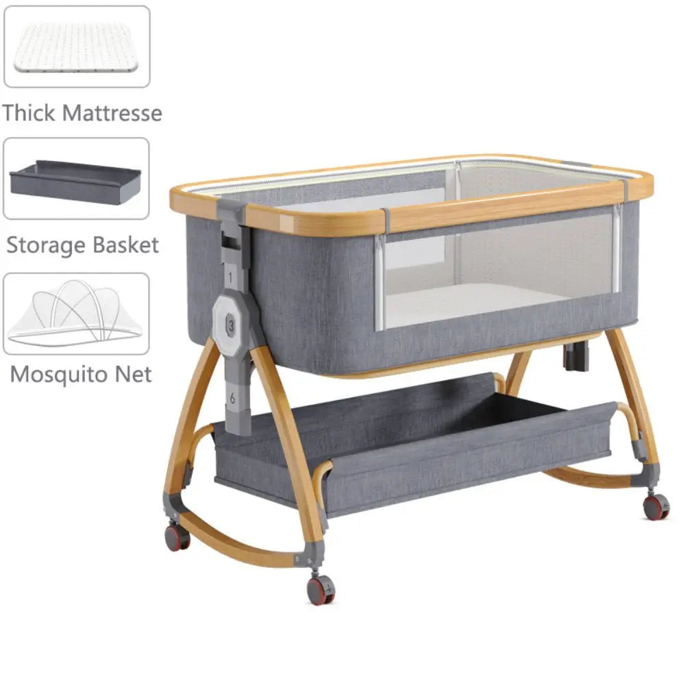 Portable Foldable Baby Crib 3-in-1 Adjustable Height with Rotatable Wheels Shaker Bassinet Mosquito Net Newborn Baby Bed