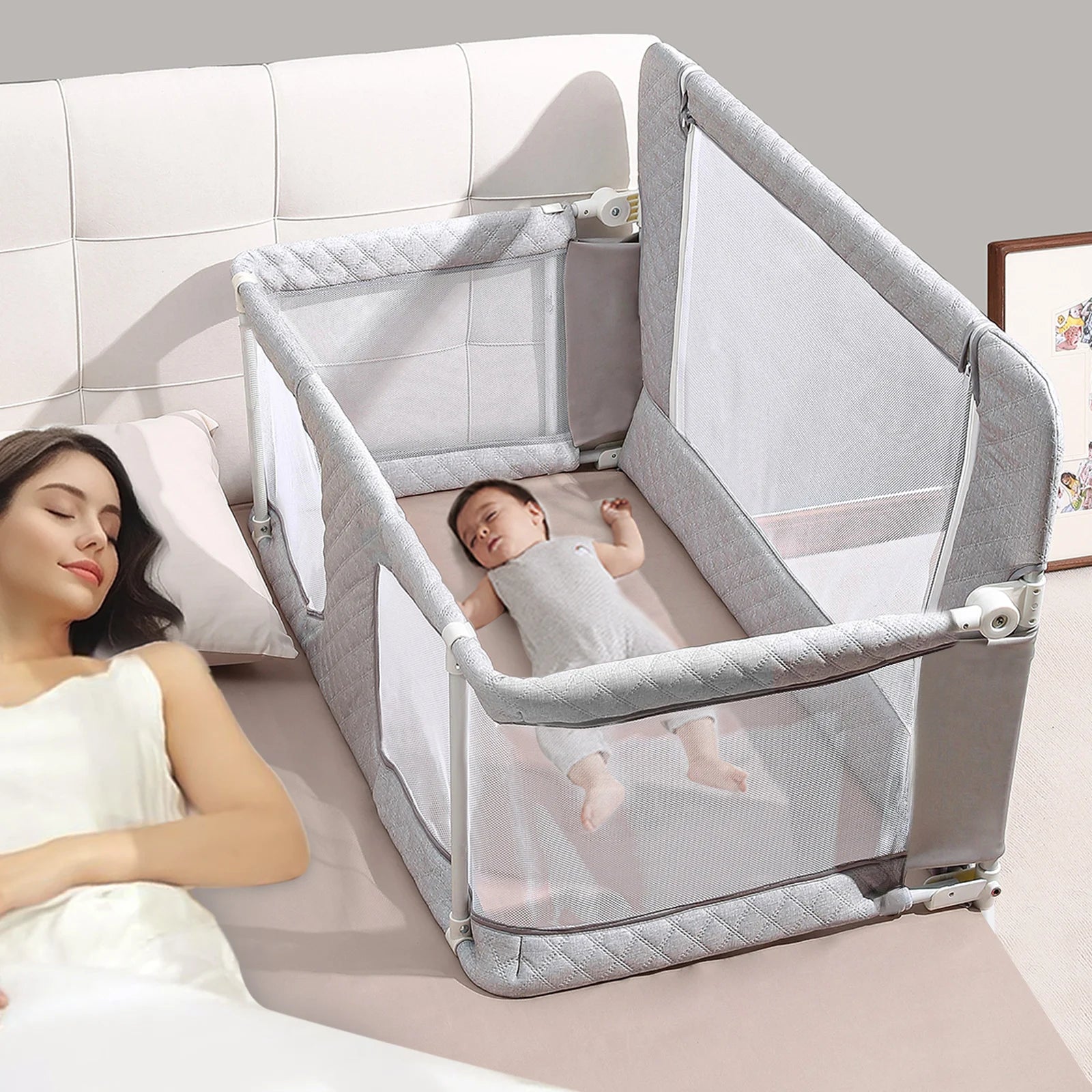 Bedside Sleeper, Mesh Bedside Bedside Crib, Convertible Cosleeping Baby Bed Attach to Bed to Reduce Mom's Fatigue