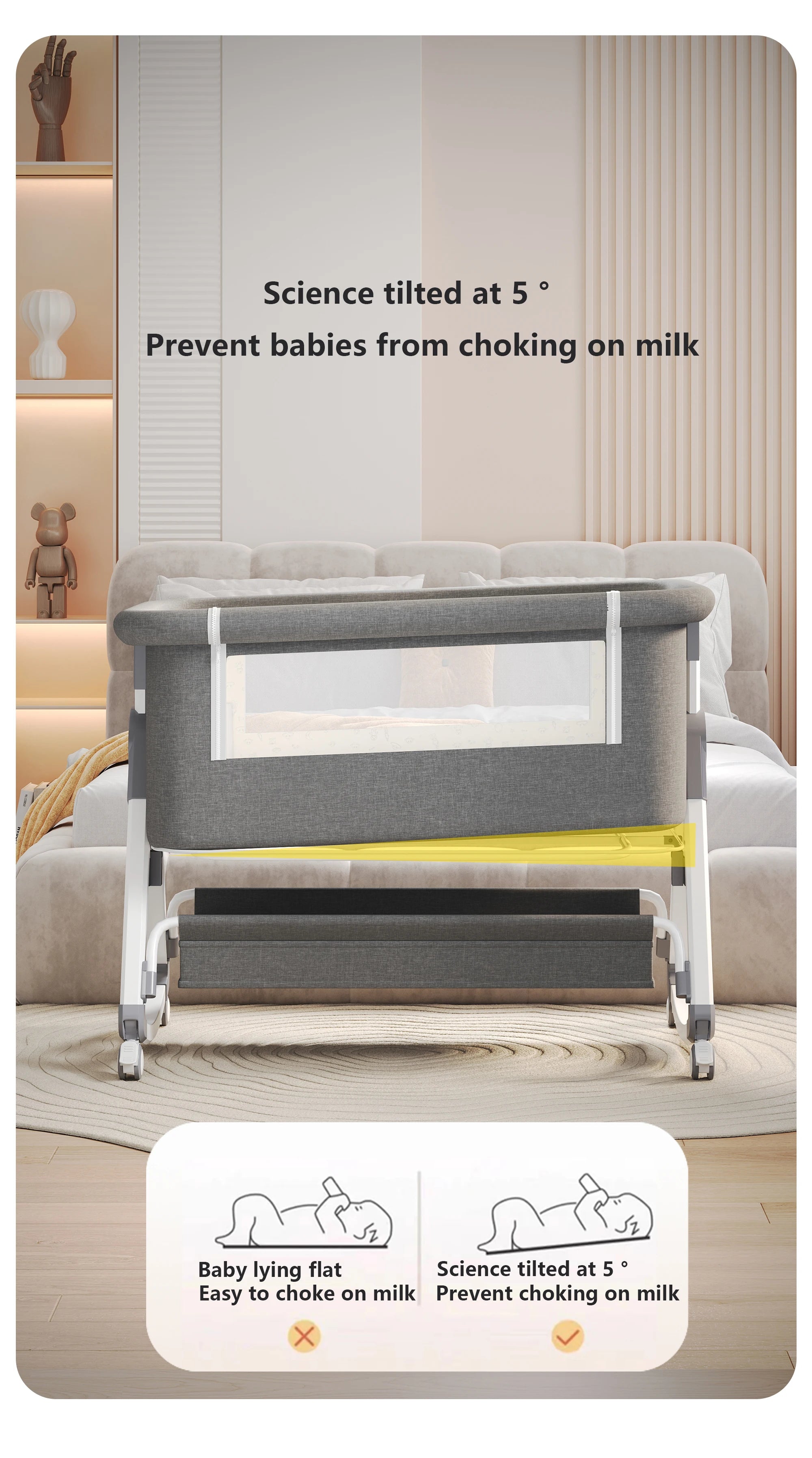 Portable Foldable Baby Crib 3-in-1 Adjustable Height with Rotatable Wheels Shaker Bassinet Mosquito Net Newborn Baby Bed