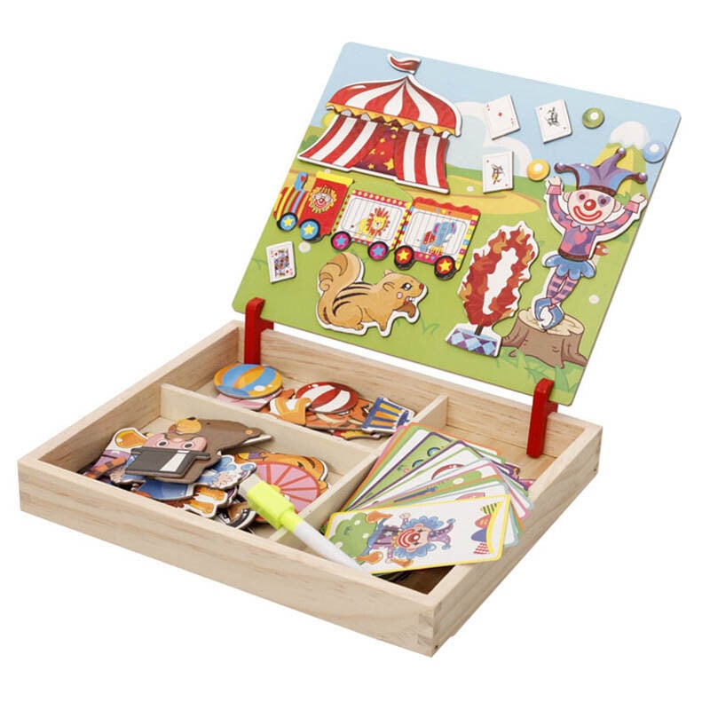 100+Pcs Wooden Magnetic Puzzle Toys Children 3D Puzzle Figure/Animals/ Vehicle /Circus Drawing Board Learning Wood Toys Gifts